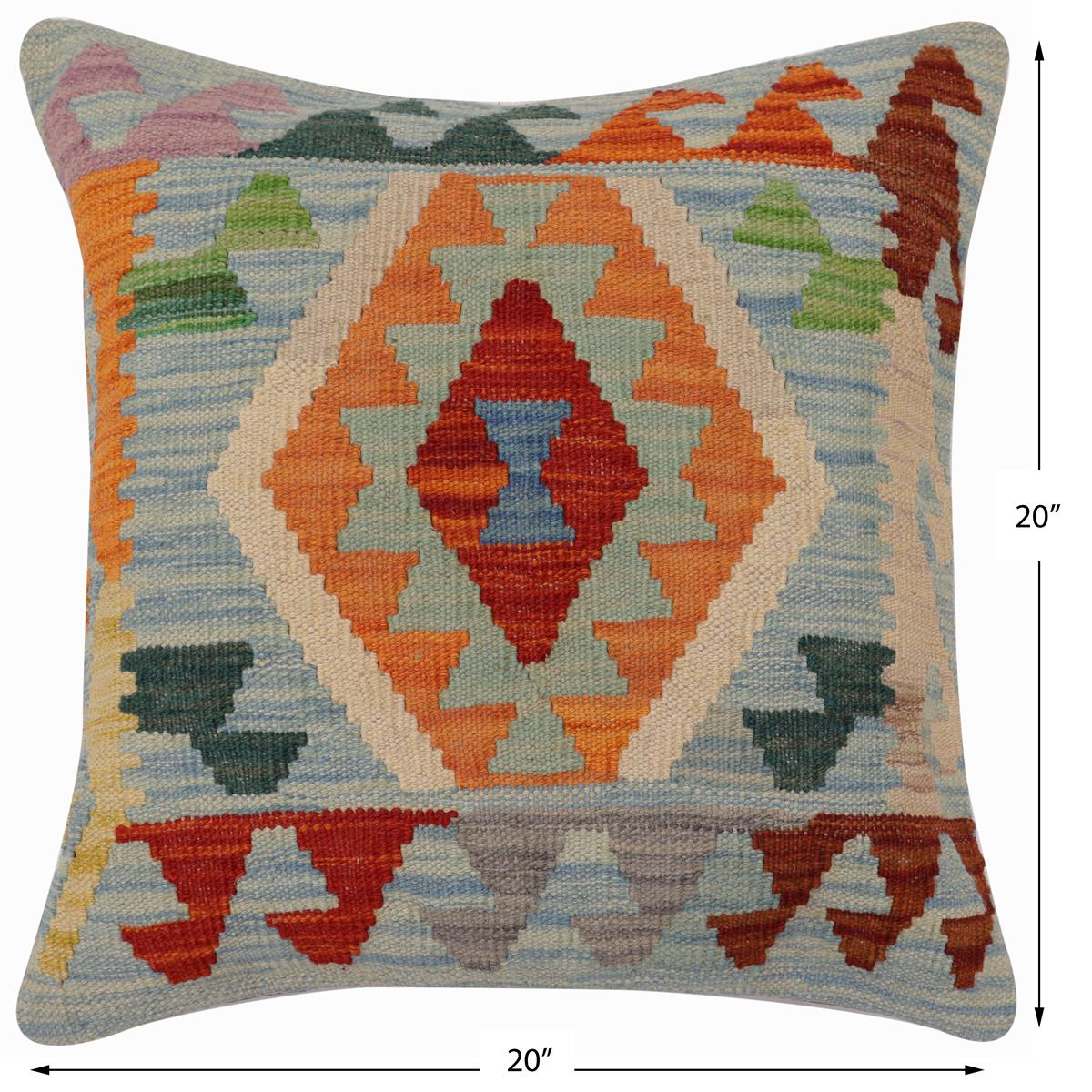 handmade Traditional Pillow Blue Rust Hand-Woven SQUARE 100% WOOL  Hand woven turkish pillow  PILLOW