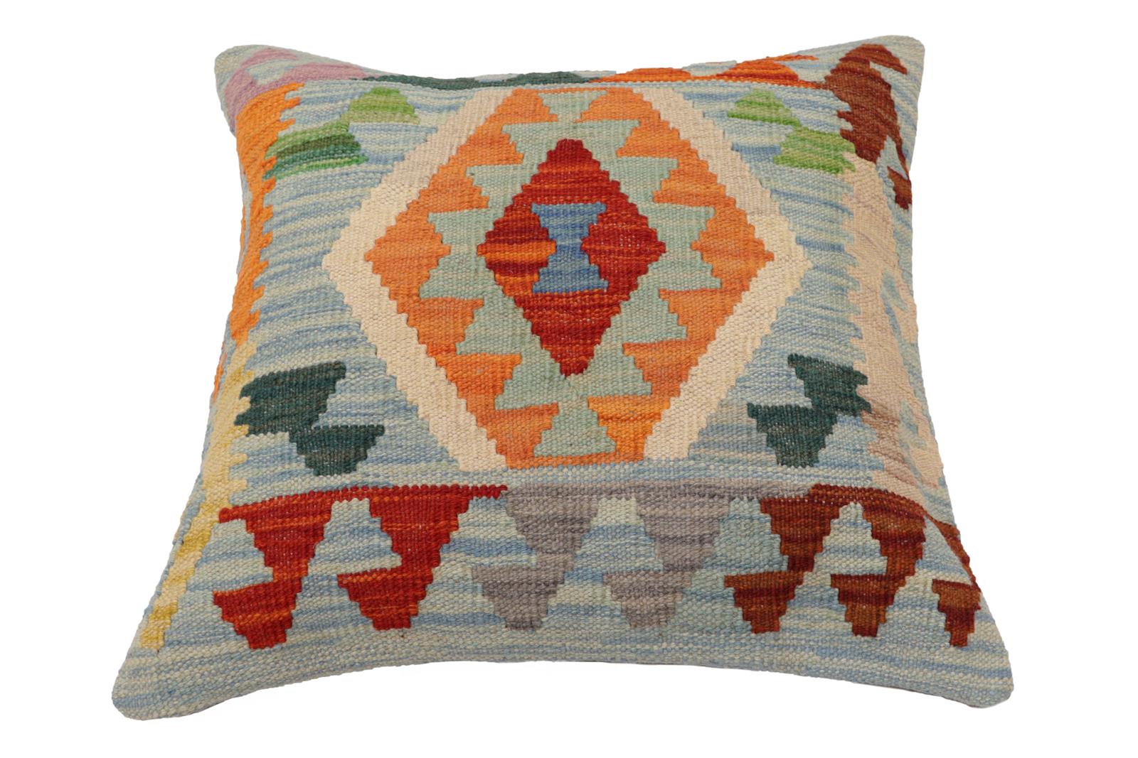 handmade Traditional Pillow Blue Rust Hand-Woven SQUARE 100% WOOL  Hand woven turkish pillow  PILLOW