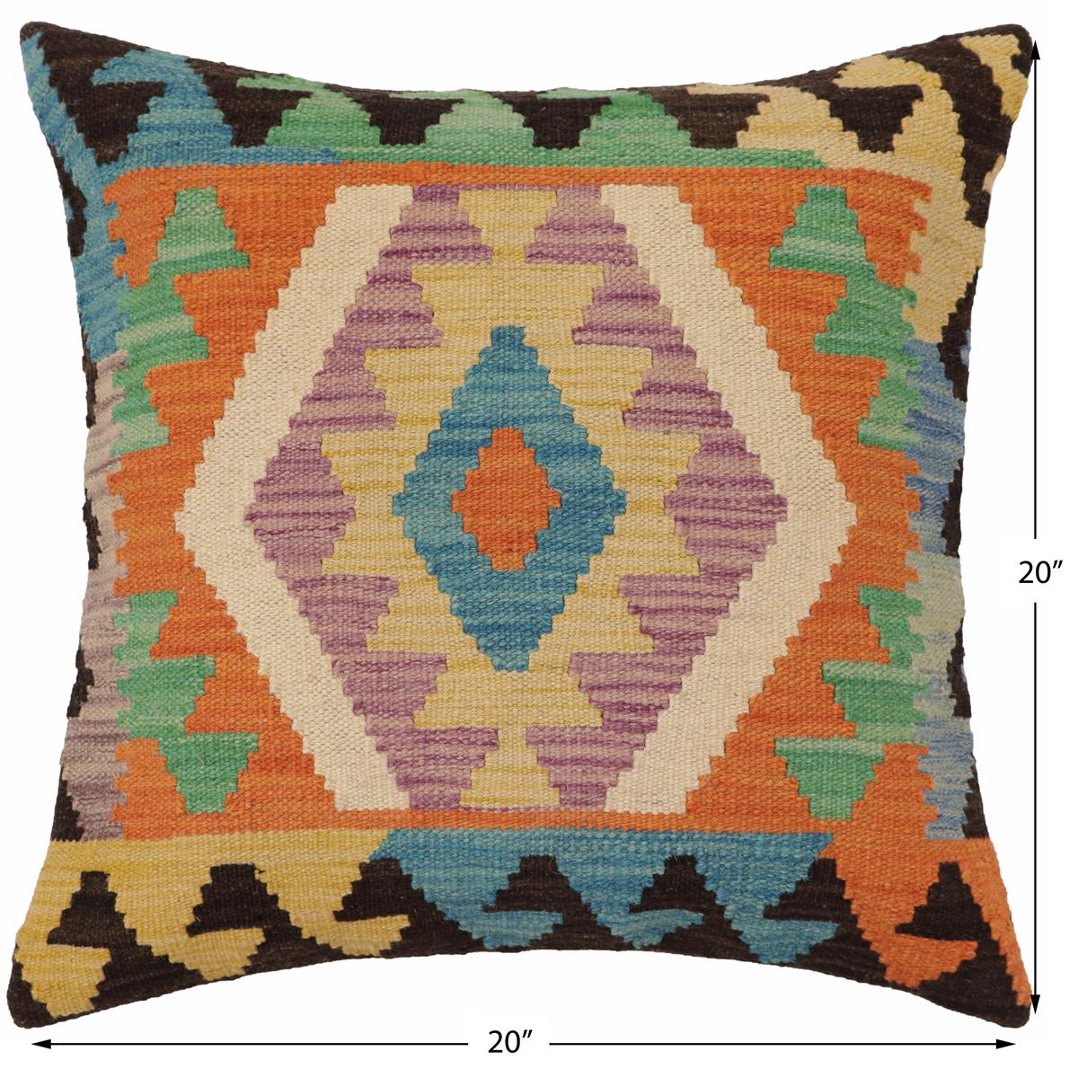 handmade Traditional Pillow Blue Beige Hand-Woven SQUARE 100% WOOL  Hand woven turkish pillow  PILLOW