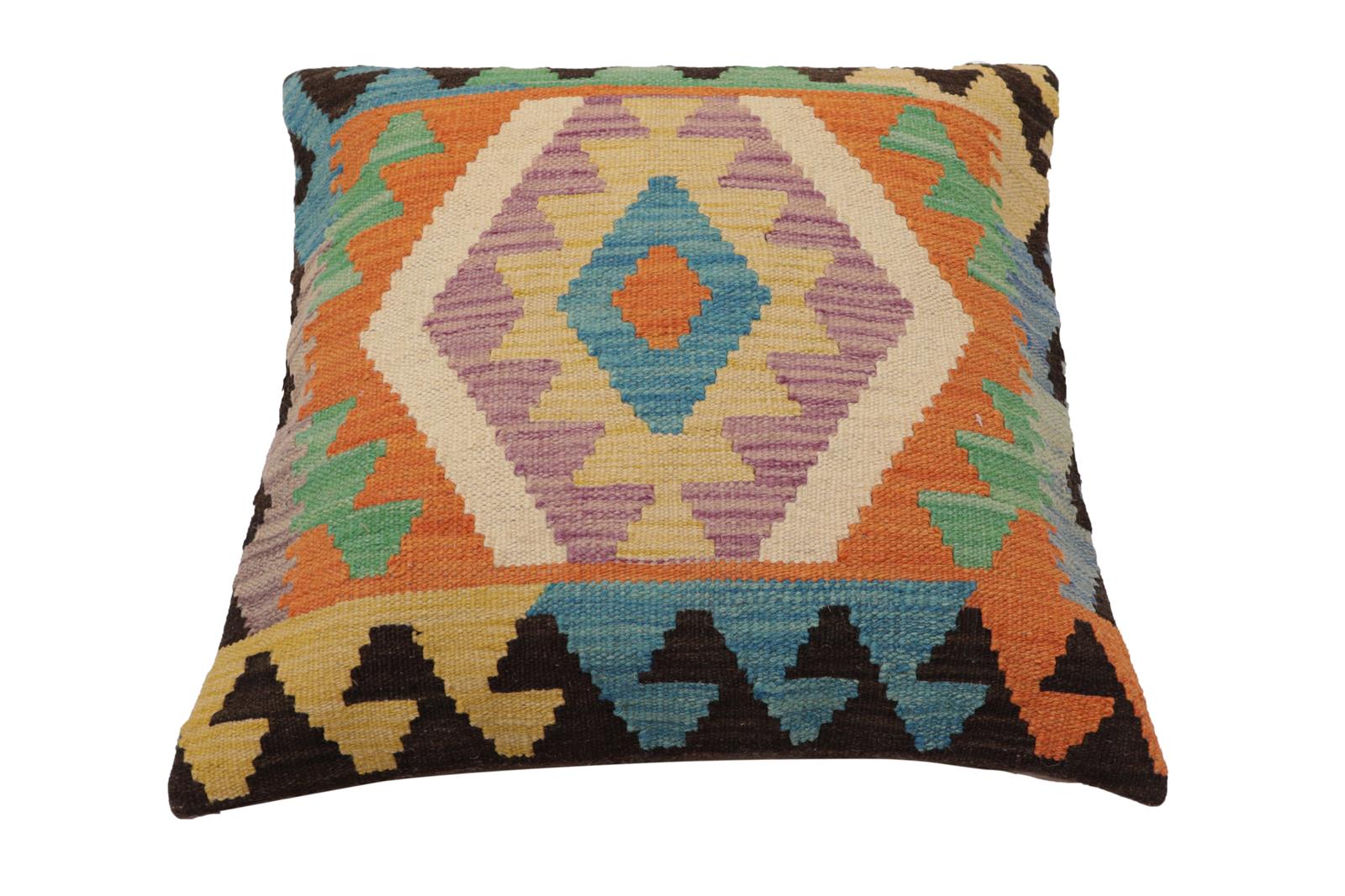 handmade Traditional Pillow Blue Beige Hand-Woven SQUARE 100% WOOL  Hand woven turkish pillow  PILLOW