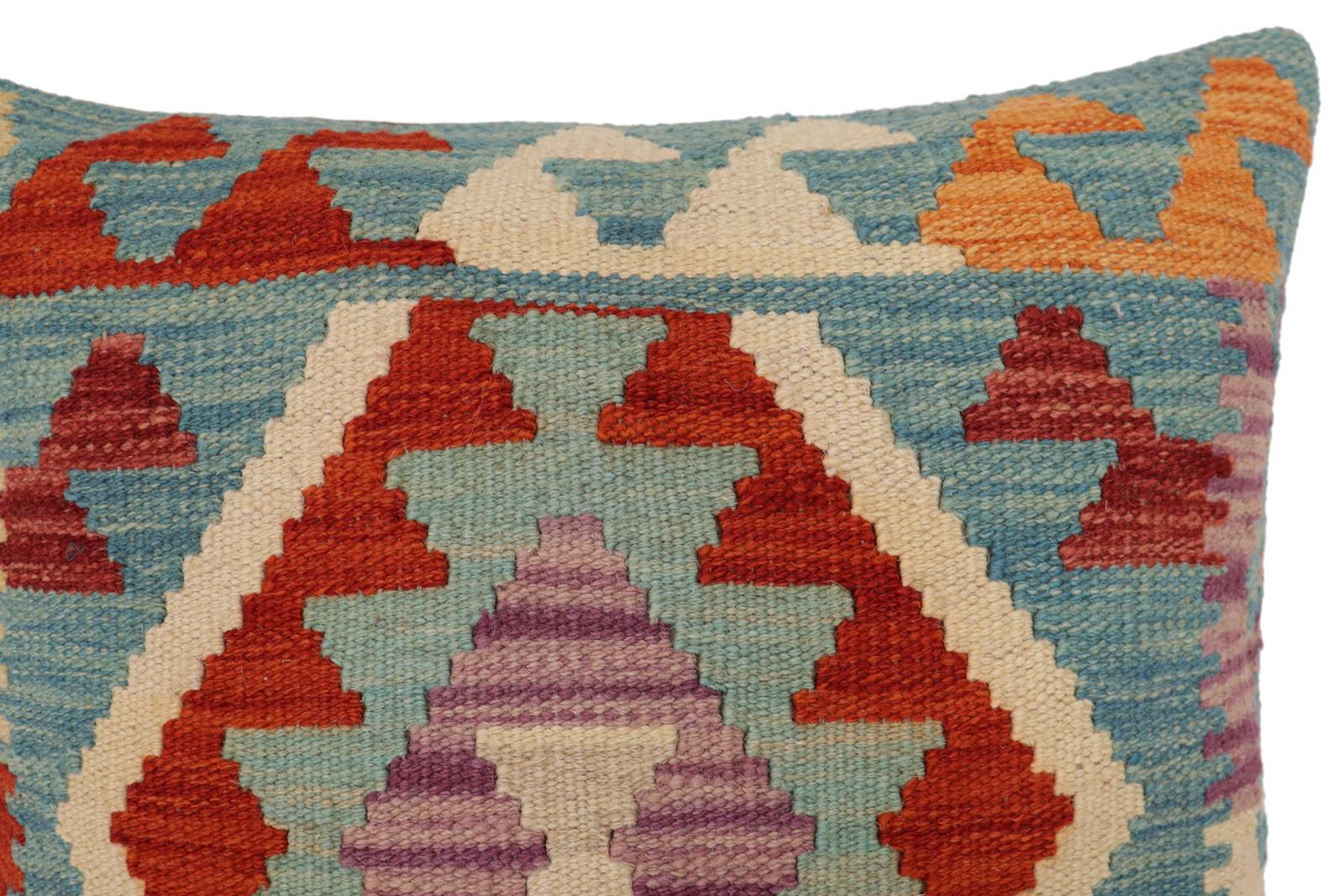 handmade Traditional Pillow Blue Rust Hand-Woven SQUARE 100% WOOL  Hand woven turkish pillow  PILLOW