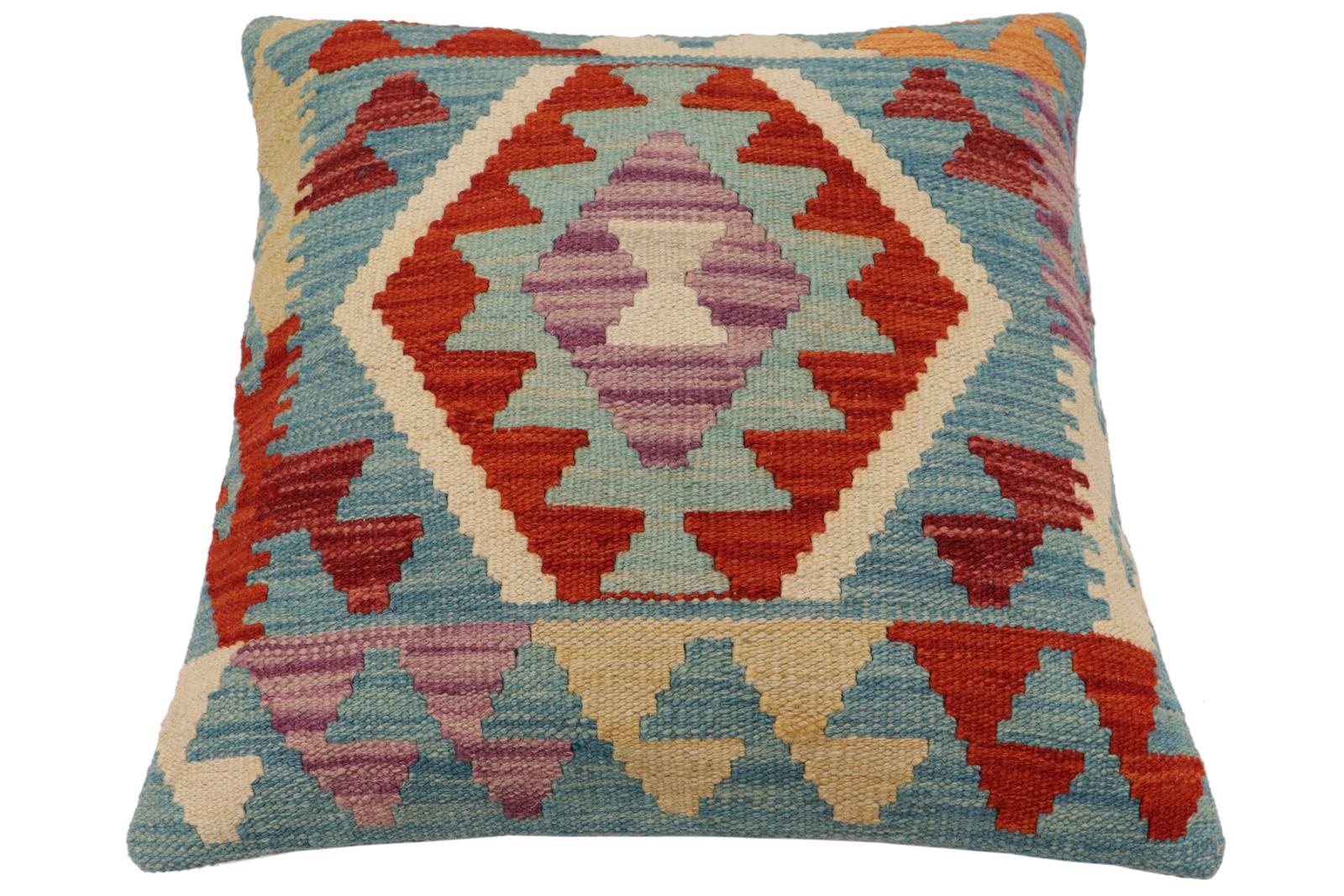 handmade Traditional Pillow Blue Rust Hand-Woven SQUARE 100% WOOL  Hand woven turkish pillow  PILLOW