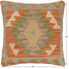 handmade Traditional Pillow Orange Blue Hand-Woven SQUARE 100% WOOL  Hand woven turkish pillow  PILLOW
