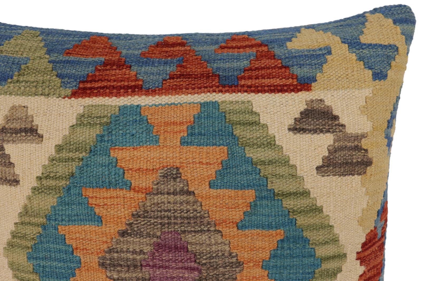 handmade Traditional Pillow Blue Rust Hand-Woven SQUARE 100% WOOL  Hand woven turkish pillow  PILLOW