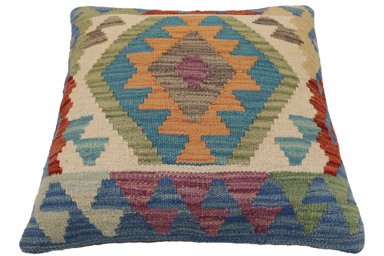 handmade Traditional Pillow Blue Rust Hand-Woven SQUARE 100% WOOL  Hand woven turkish pillow  PILLOW