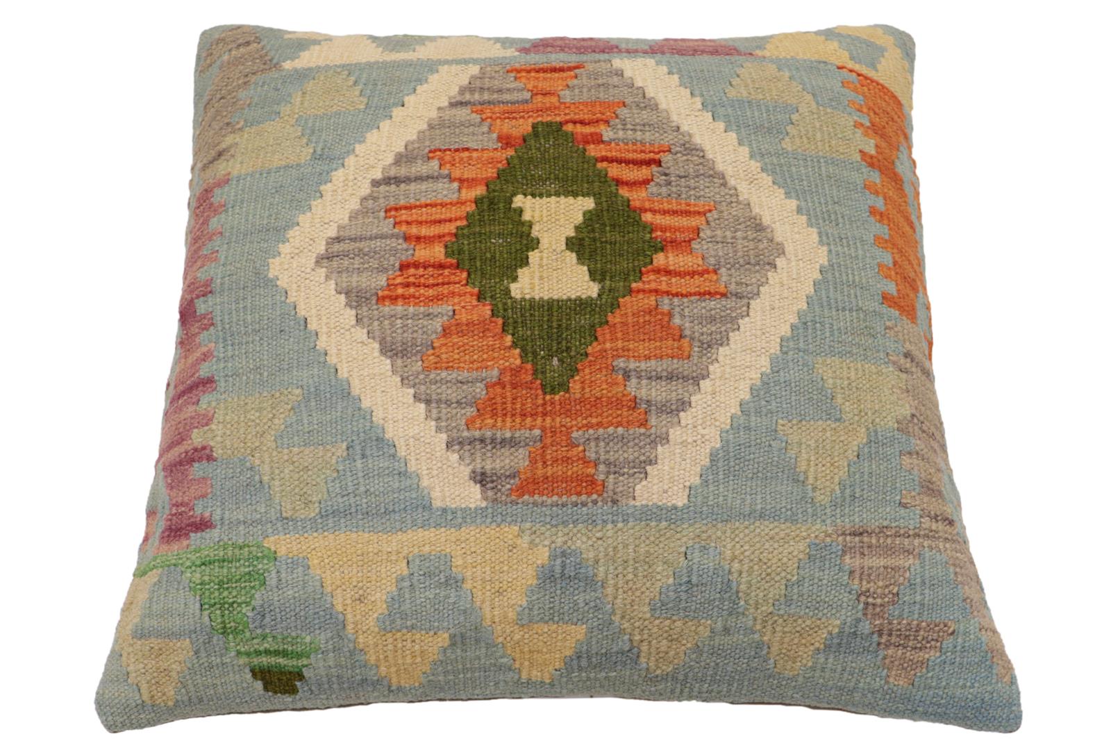 handmade Traditional Pillow Blue Rust Hand-Woven SQUARE 100% WOOL  Hand woven turkish pillow  PILLOW