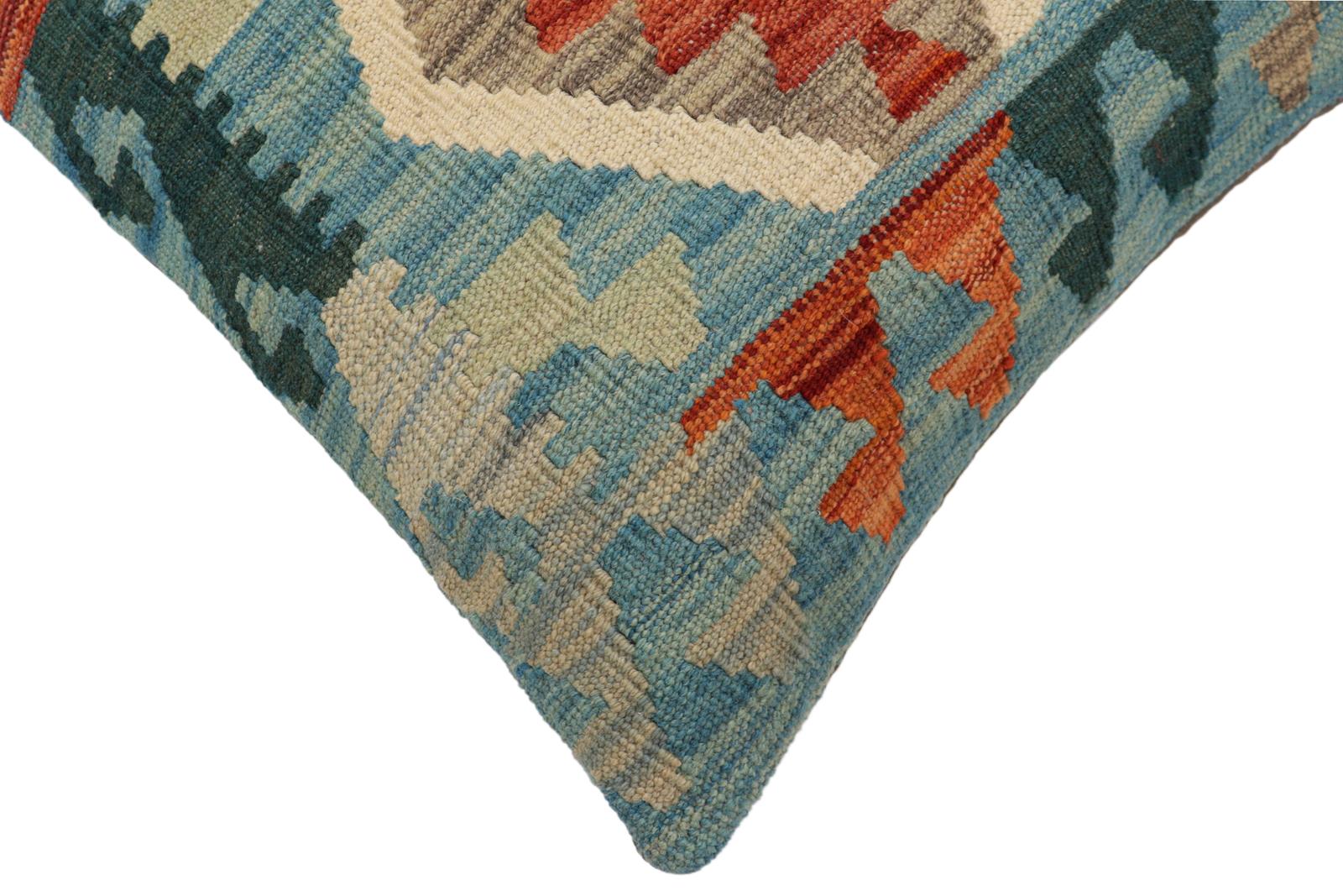 handmade Traditional Pillow Blue Rust Hand-Woven SQUARE 100% WOOL  Hand woven turkish pillow  PILLOW