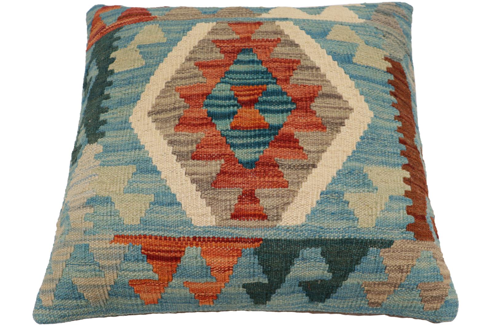 handmade Traditional Pillow Blue Rust Hand-Woven SQUARE 100% WOOL  Hand woven turkish pillow  PILLOW
