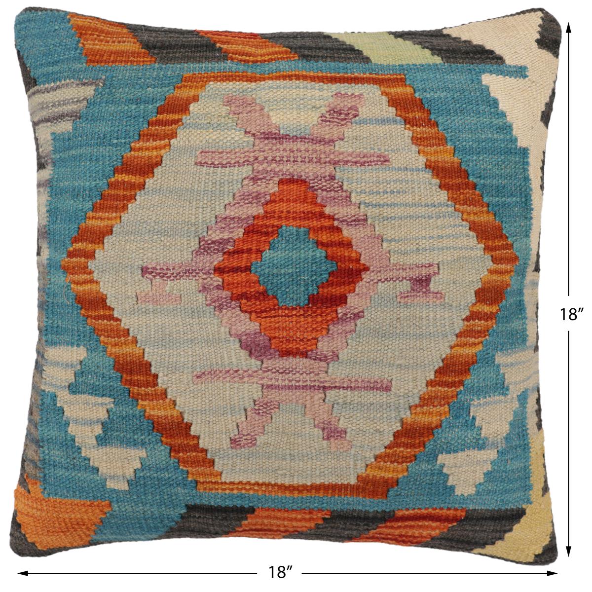 handmade Traditional Pillow Rust Blue Hand-Woven SQUARE 100% WOOL Hand woven turkish pillow2' x 2'