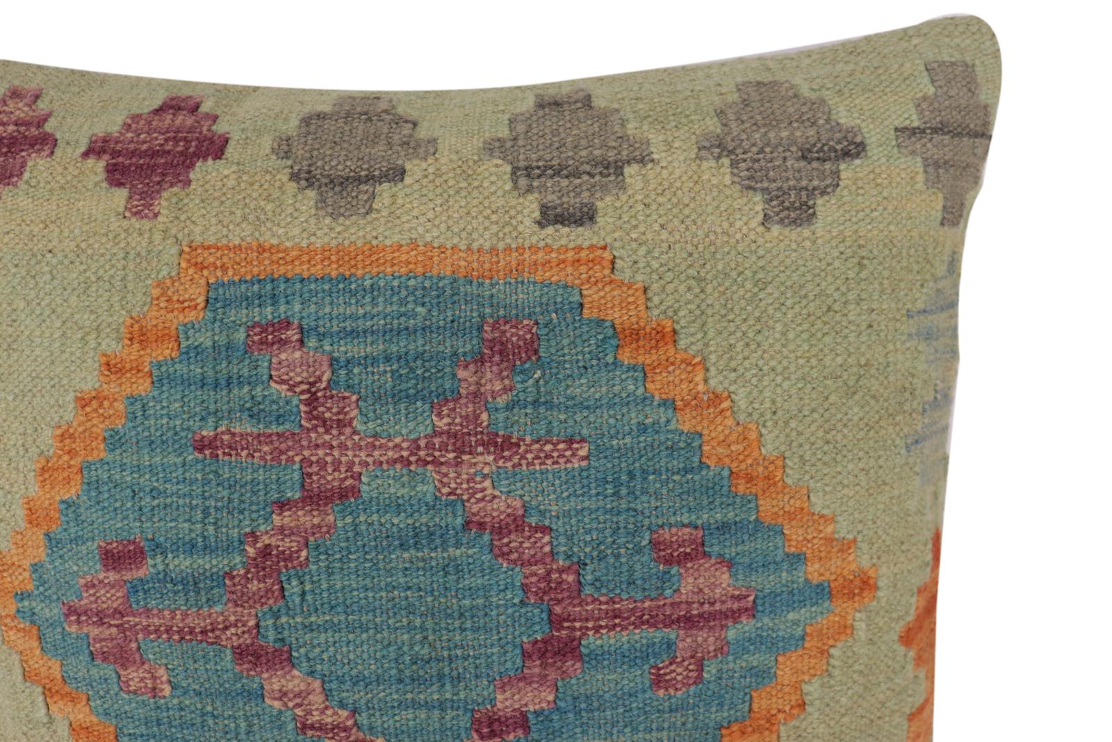 handmade Traditional Pillow Blue Orange Hand-Woven SQUARE 100% WOOL Hand woven turkish pillow2' x 2'