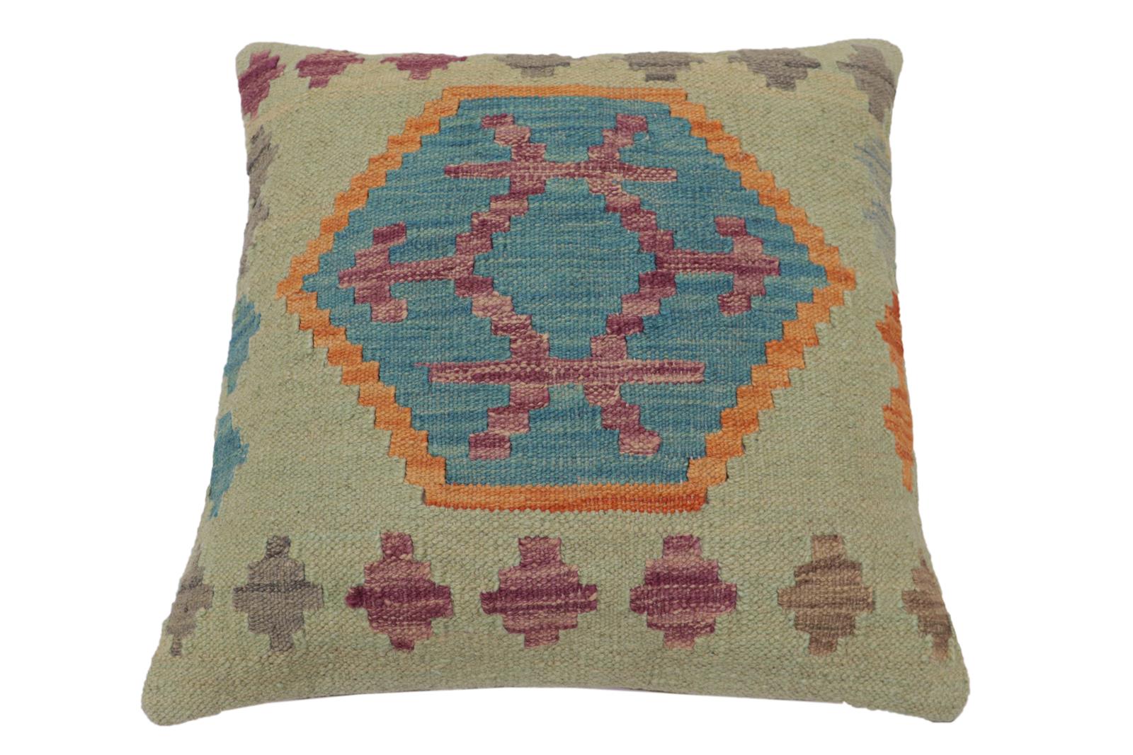 handmade Traditional Pillow Blue Orange Hand-Woven SQUARE 100% WOOL Hand woven turkish pillow2' x 2'