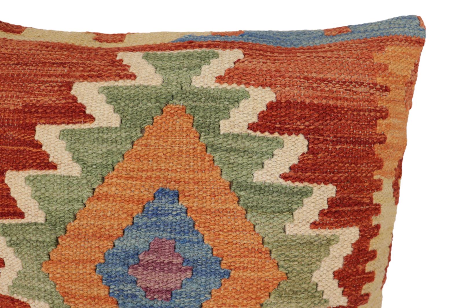 handmade Traditional Pillow Rust Blue Hand-Woven SQUARE 100% WOOL Hand woven turkish pillow2' x 2'