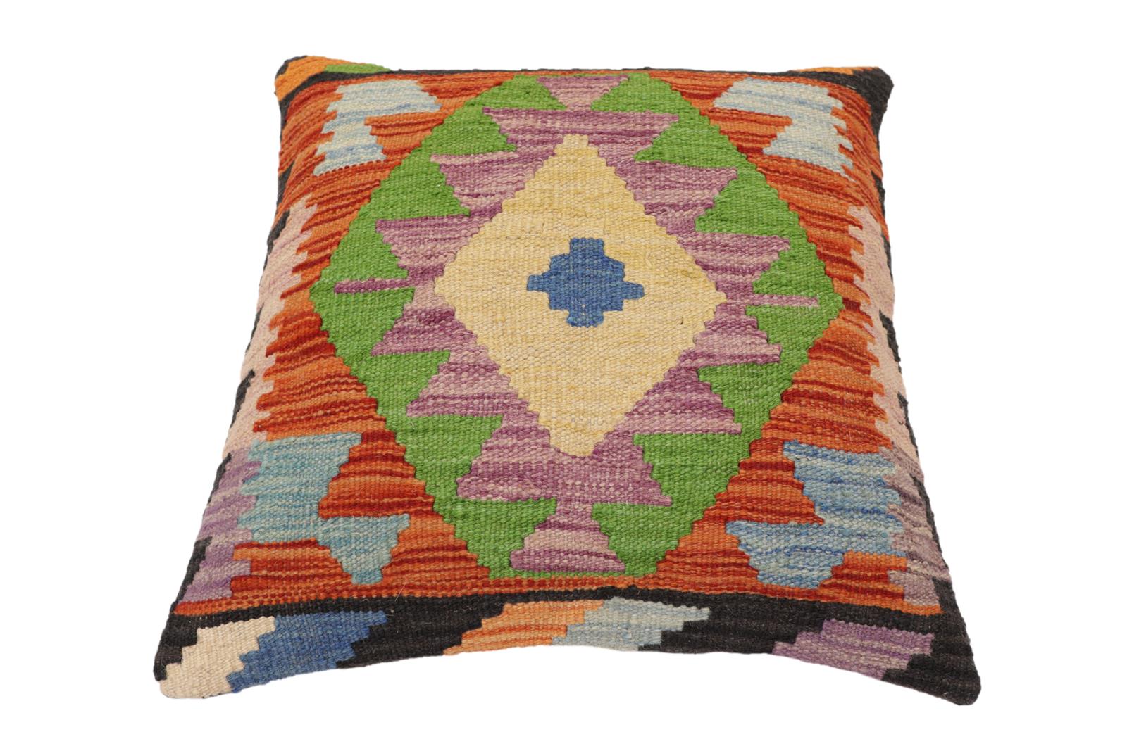 handmade Traditional Pillow Rust Blue Hand-Woven SQUARE 100% WOOL Hand woven turkish pillow2' x 2'