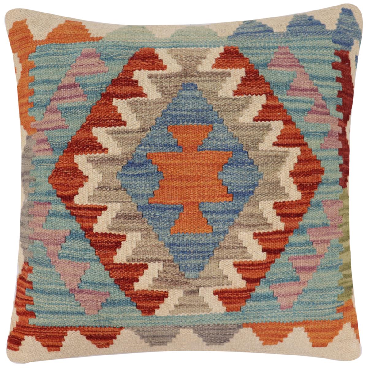 handmade Traditional Pillow Rust Blue Hand-Woven SQUARE 100% WOOL Hand woven turkish pillow2' x 2'