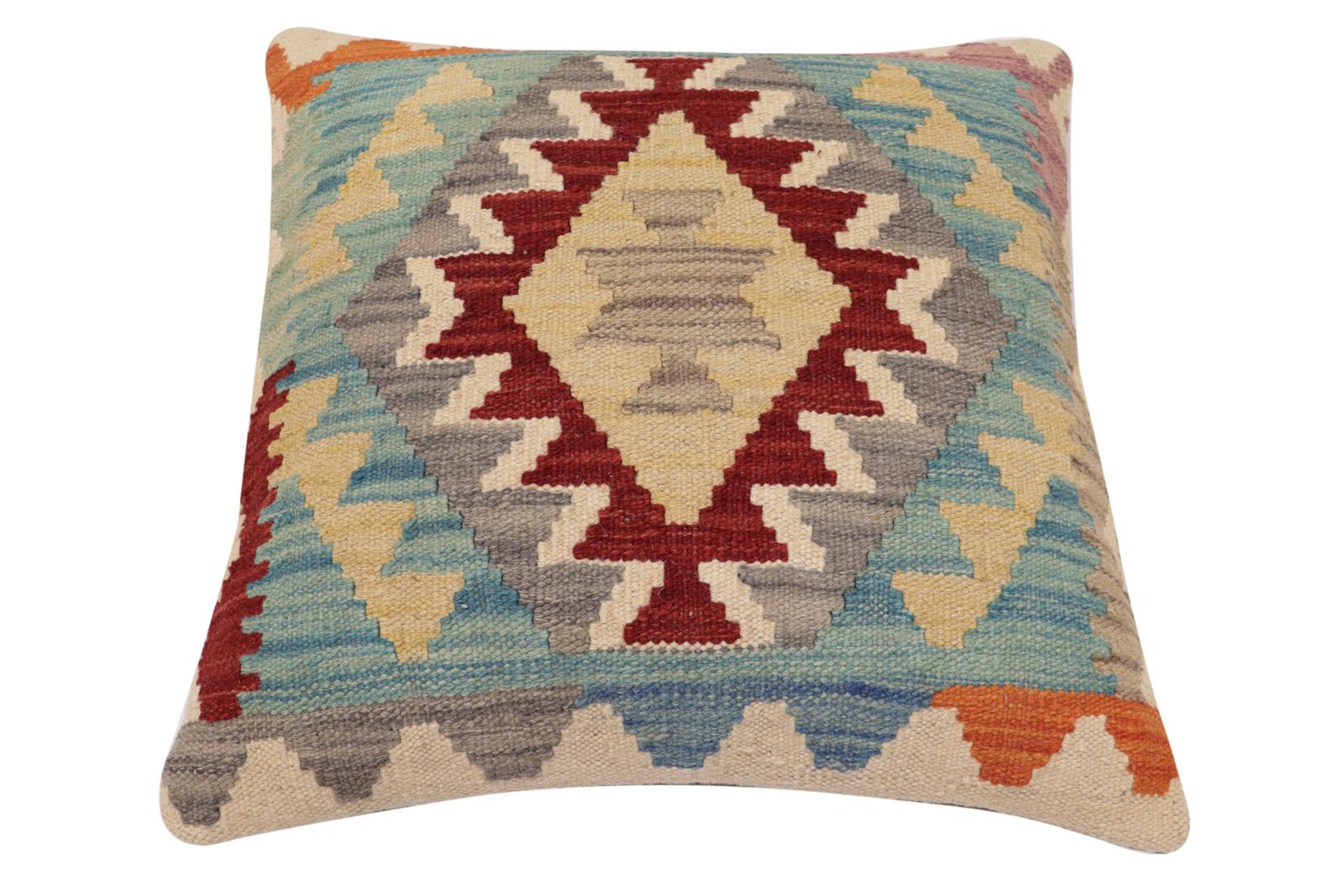 handmade Traditional Pillow Red Blue Hand-Woven SQUARE 100% WOOL Hand woven turkish pillow2' x 2'