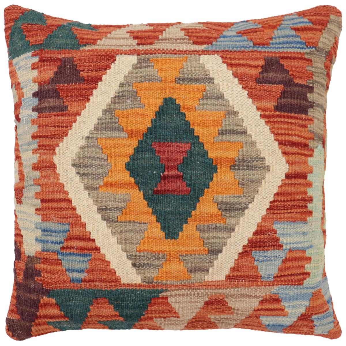 handmade Traditional Pillow Rust Blue Hand-Woven SQUARE 100% WOOL Hand woven turkish pillow2' x 2'