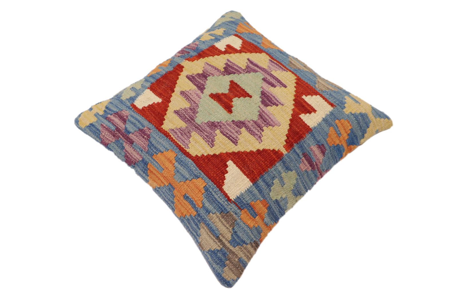 handmade Traditional Pillow Blue Rust Hand-Woven SQUARE 100% WOOL Hand woven turkish pillow2' x 2'