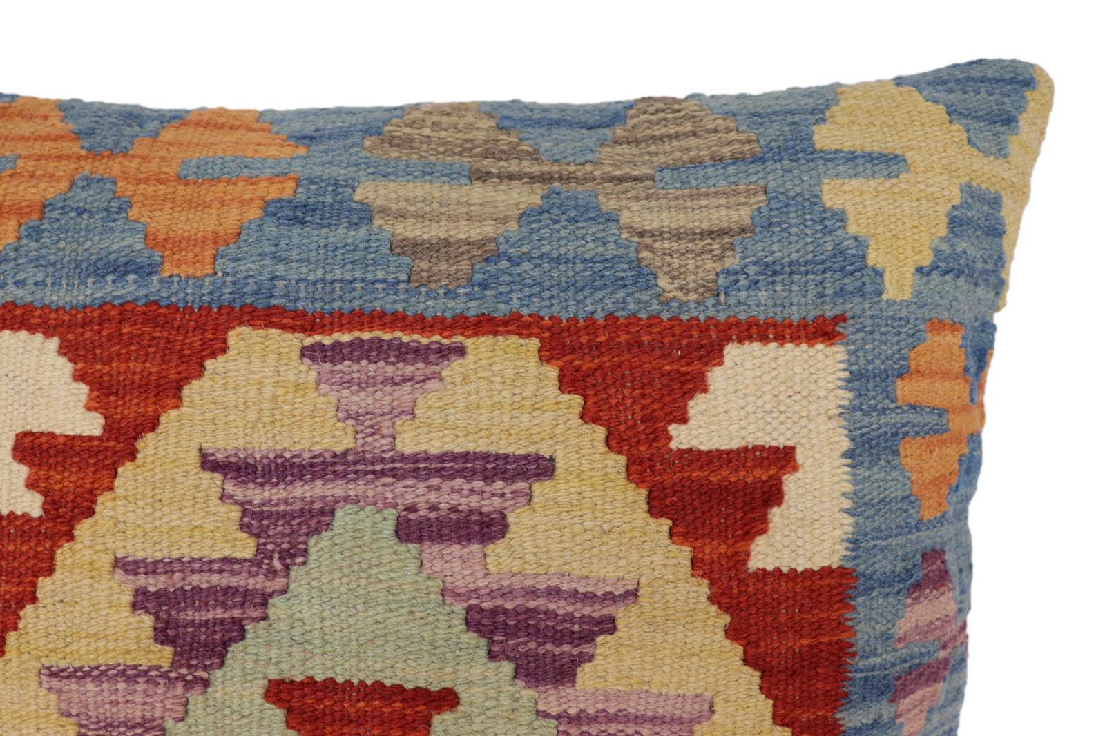 handmade Traditional Pillow Blue Rust Hand-Woven SQUARE 100% WOOL Hand woven turkish pillow2' x 2'