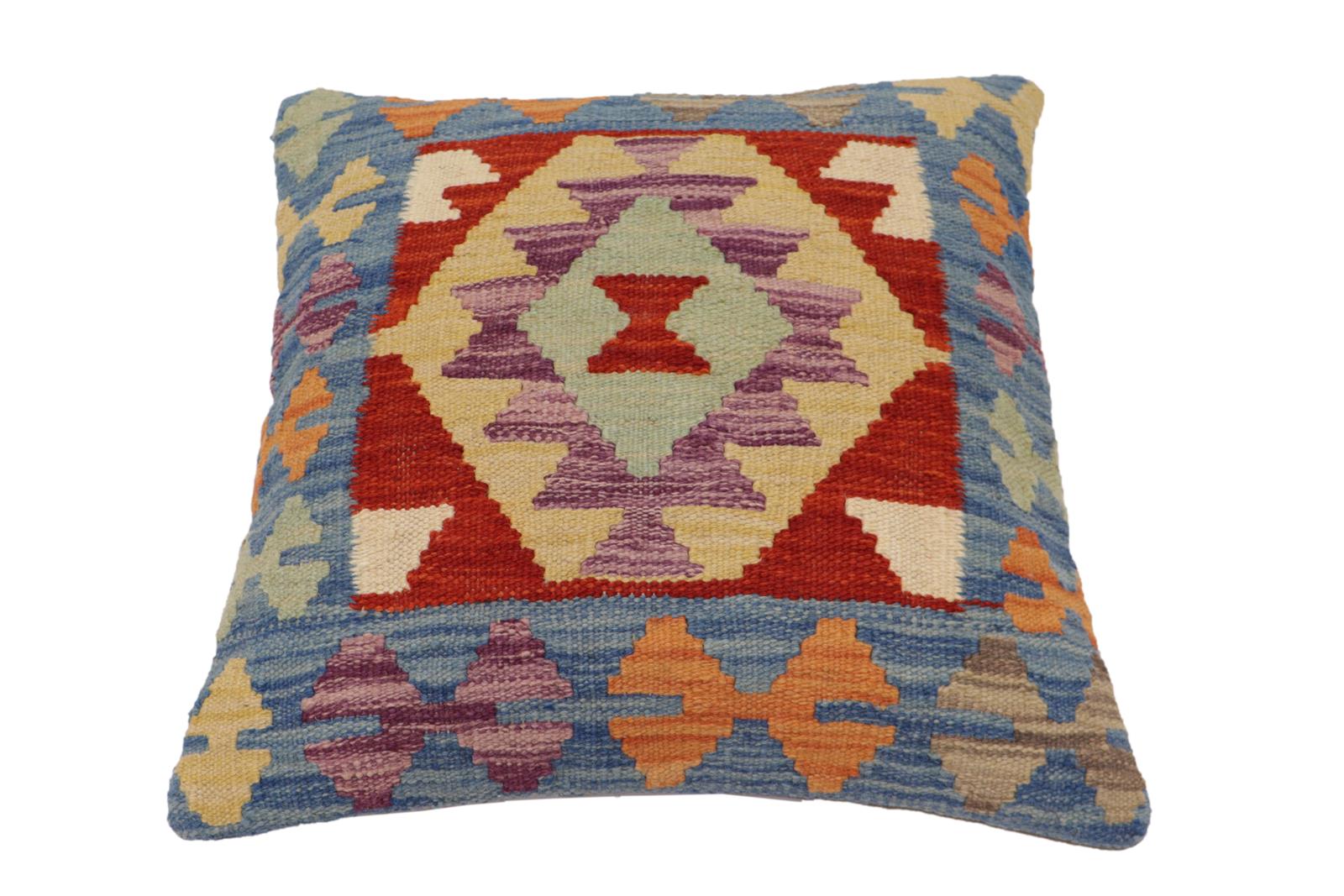 handmade Traditional Pillow Blue Rust Hand-Woven SQUARE 100% WOOL Hand woven turkish pillow2' x 2'