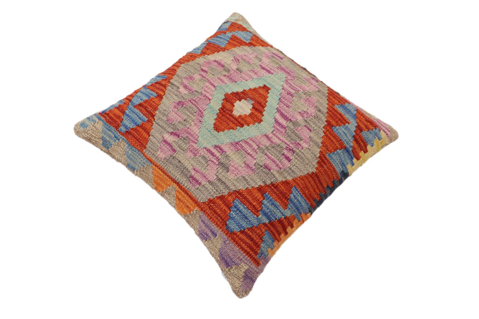 handmade Traditional Pillow Rust Blue Hand-Woven SQUARE 100% WOOL Hand woven turkish pillow2' x 2'