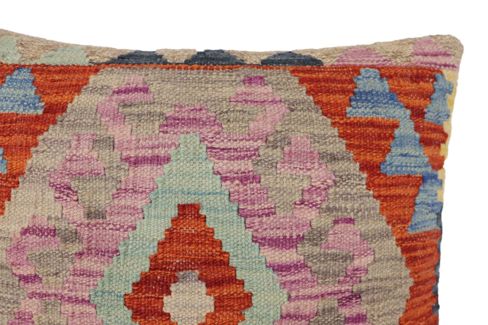 handmade Traditional Pillow Rust Blue Hand-Woven SQUARE 100% WOOL Hand woven turkish pillow2' x 2'