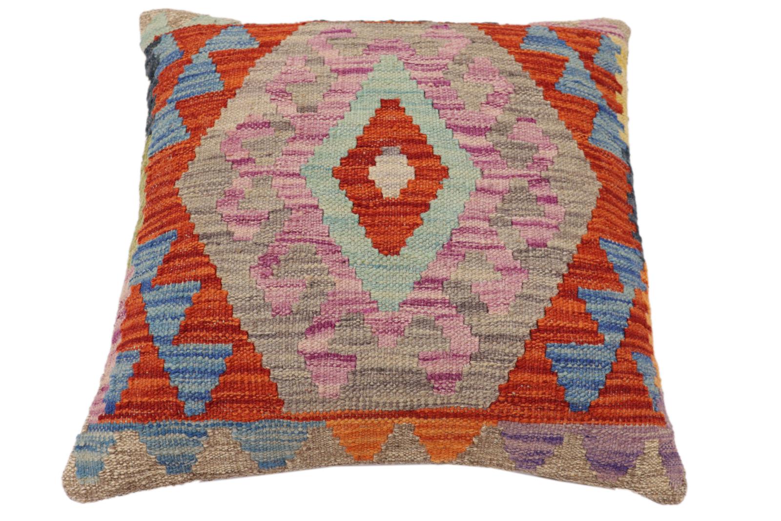 handmade Traditional Pillow Rust Blue Hand-Woven SQUARE 100% WOOL Hand woven turkish pillow2' x 2'