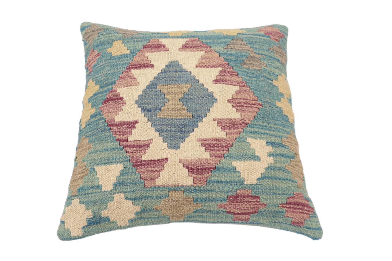 handmade Traditional Pillow Blue Beige Hand-Woven SQUARE 100% WOOL  Hand woven turkish pillow  2 x 2