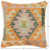 handmade Traditional Pillow Orange Blue Hand-Woven SQUARE 100% WOOL Hand woven turkish pillow2' x 2'