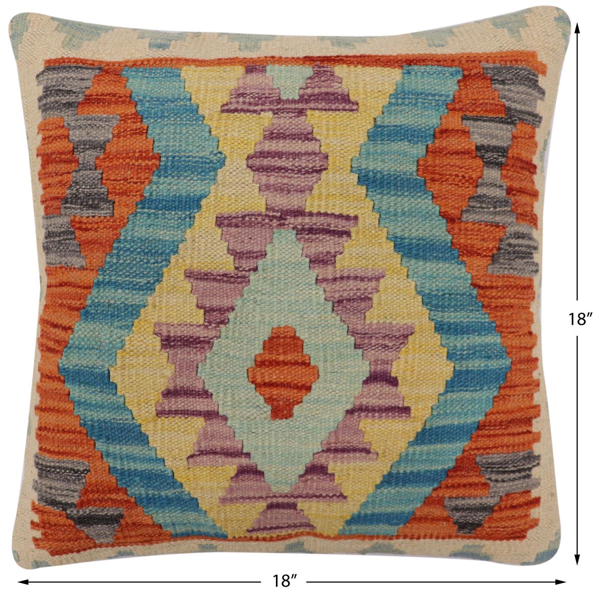 handmade Traditional Pillow Rust Blue Hand-Woven SQUARE 100% WOOL Hand woven turkish pillow2' x 2'