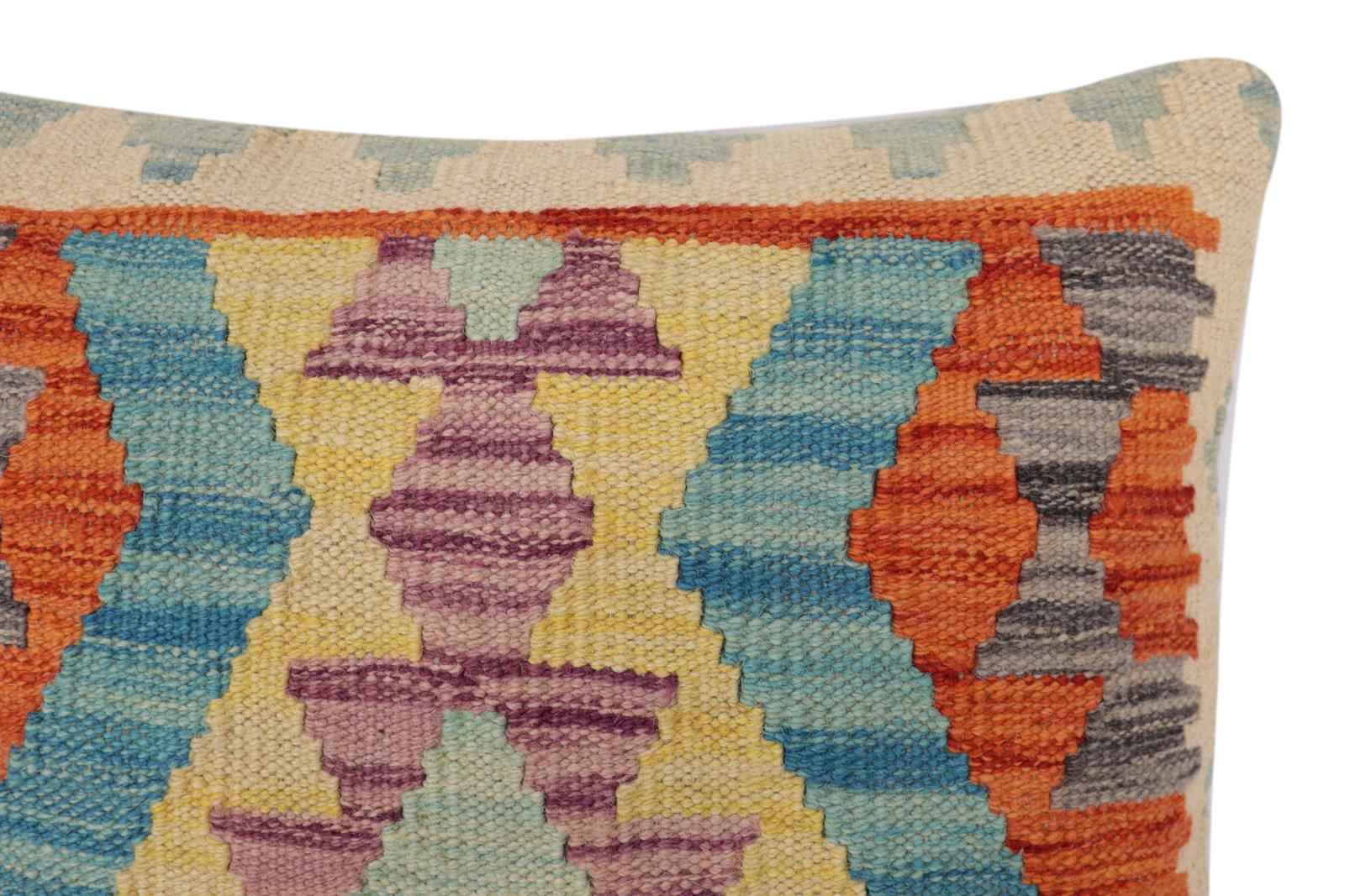 handmade Traditional Pillow Rust Blue Hand-Woven SQUARE 100% WOOL Hand woven turkish pillow2' x 2'