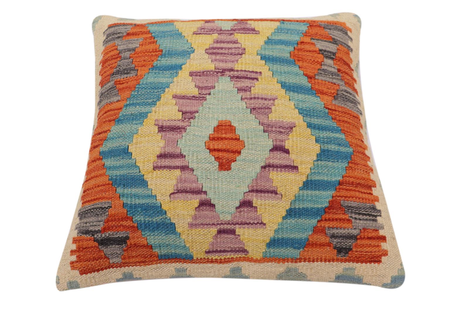 handmade Traditional Pillow Rust Blue Hand-Woven SQUARE 100% WOOL Hand woven turkish pillow2' x 2'