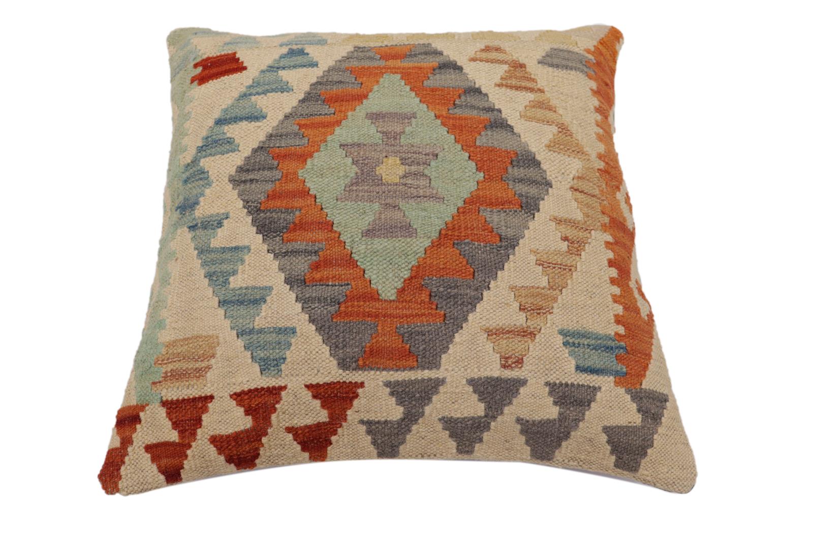 handmade Traditional Pillow Beige Rust Hand-Woven SQUARE 100% WOOL Hand woven turkish pillow2' x 2'