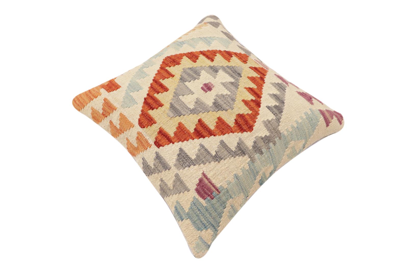 handmade Traditional Pillow Beige Rust Hand-Woven SQUARE 100% WOOL Hand woven turkish pillow2' x 2'