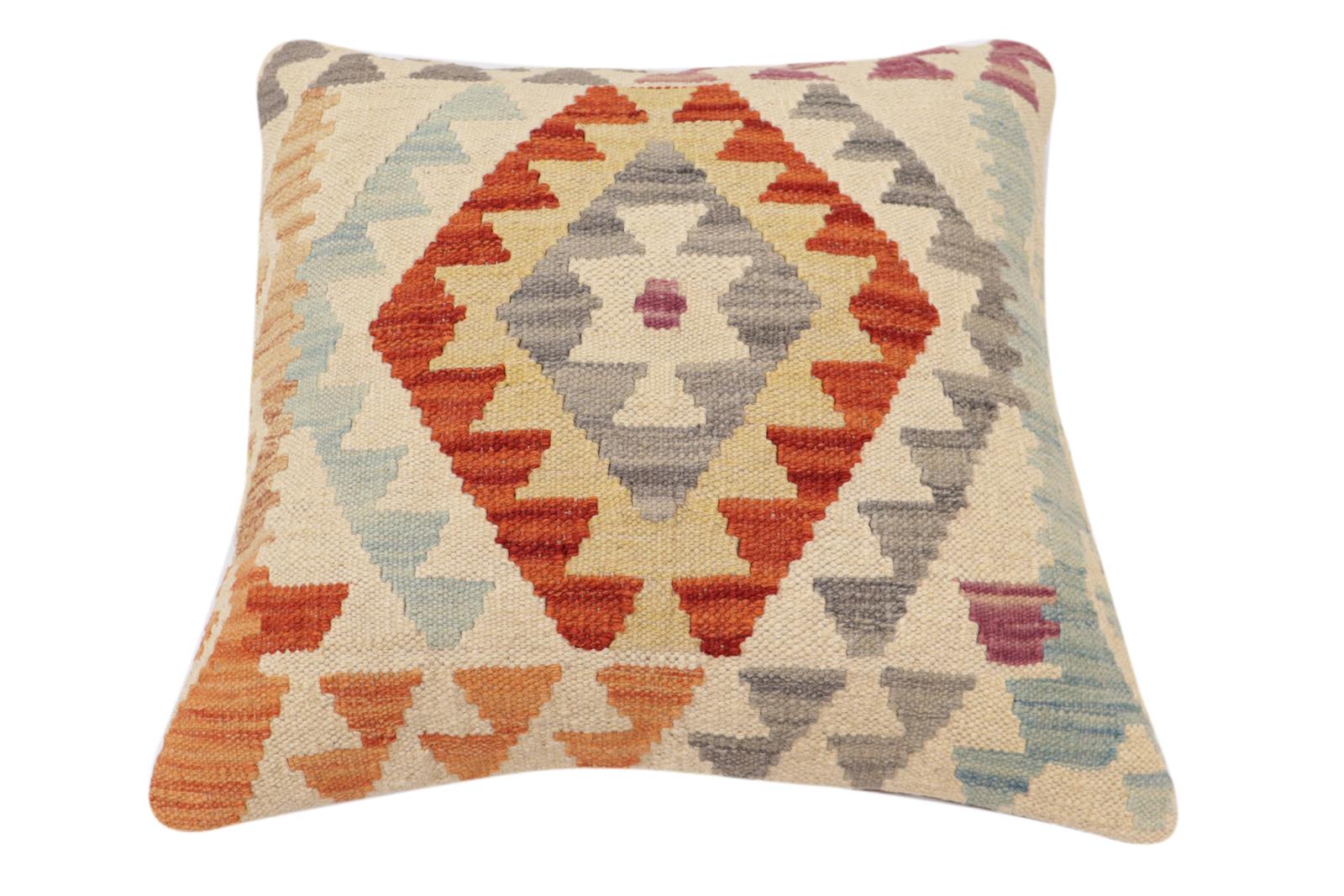 handmade Traditional Pillow Beige Rust Hand-Woven SQUARE 100% WOOL Hand woven turkish pillow2' x 2'
