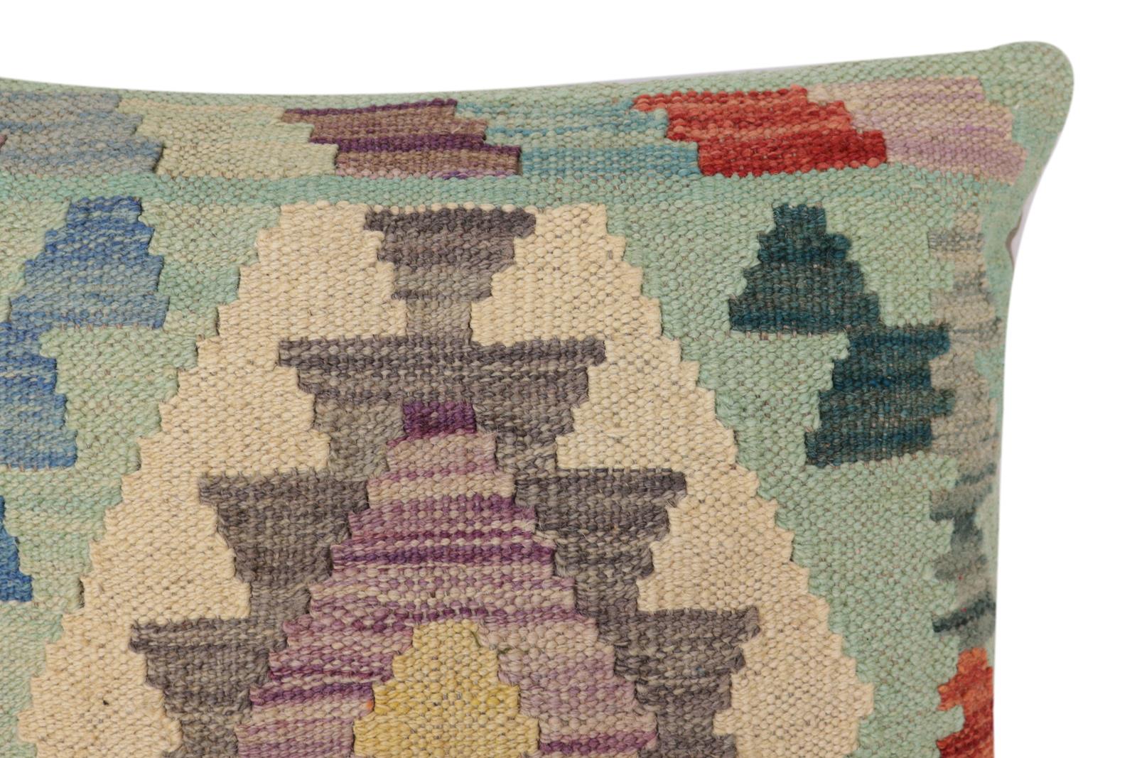 handmade Traditional Pillow Blue Rust Hand-Woven SQUARE 100% WOOL  Hand woven turkish pillow  2 x 2