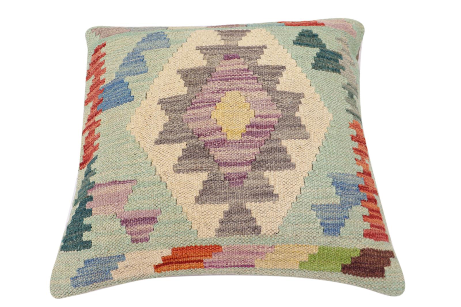 handmade Traditional Pillow Blue Rust Hand-Woven SQUARE 100% WOOL  Hand woven turkish pillow  2 x 2