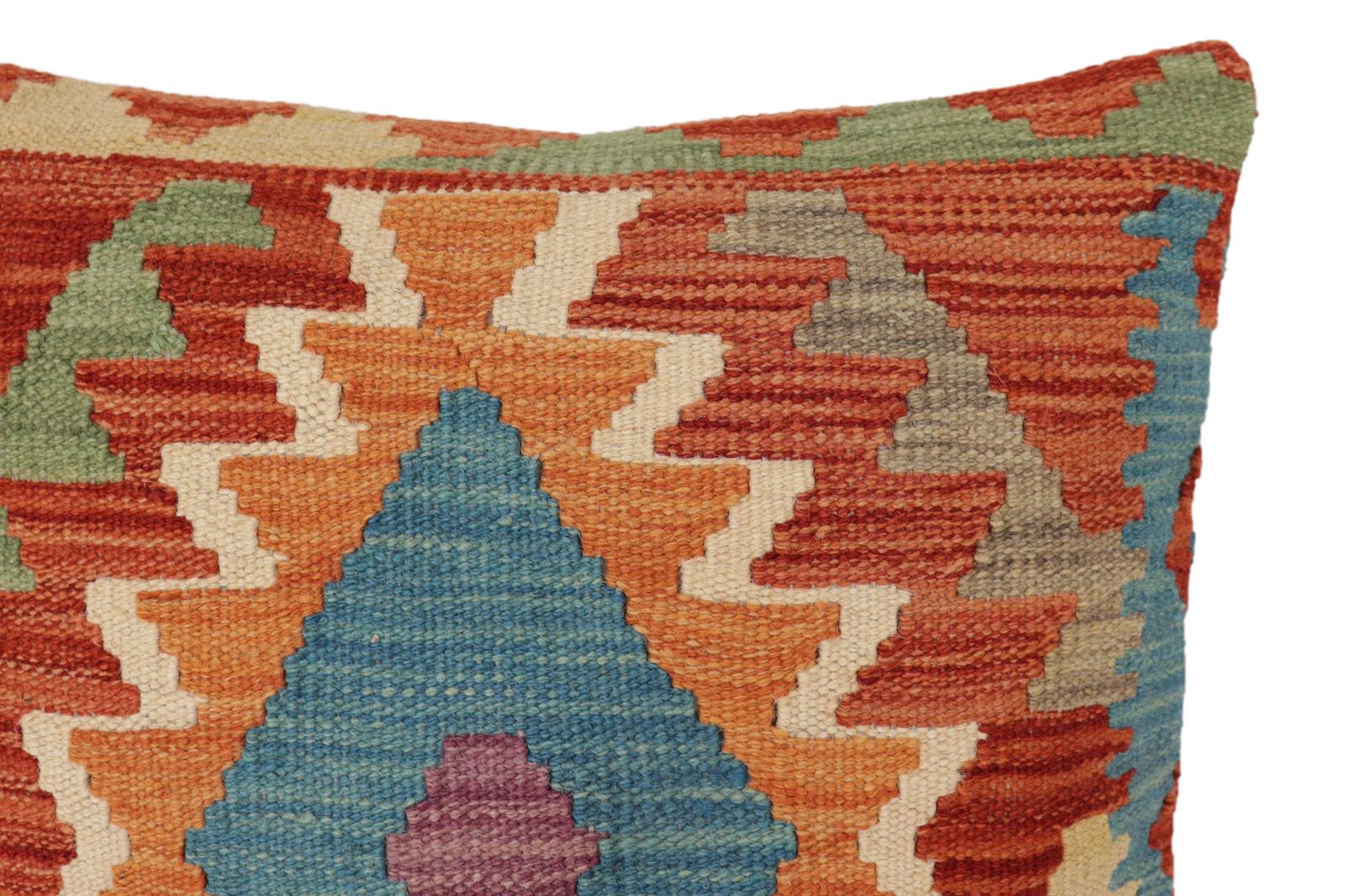 handmade Traditional Pillow Rust Blue Hand-Woven SQUARE 100% WOOL Hand woven turkish pillow2' x 2'