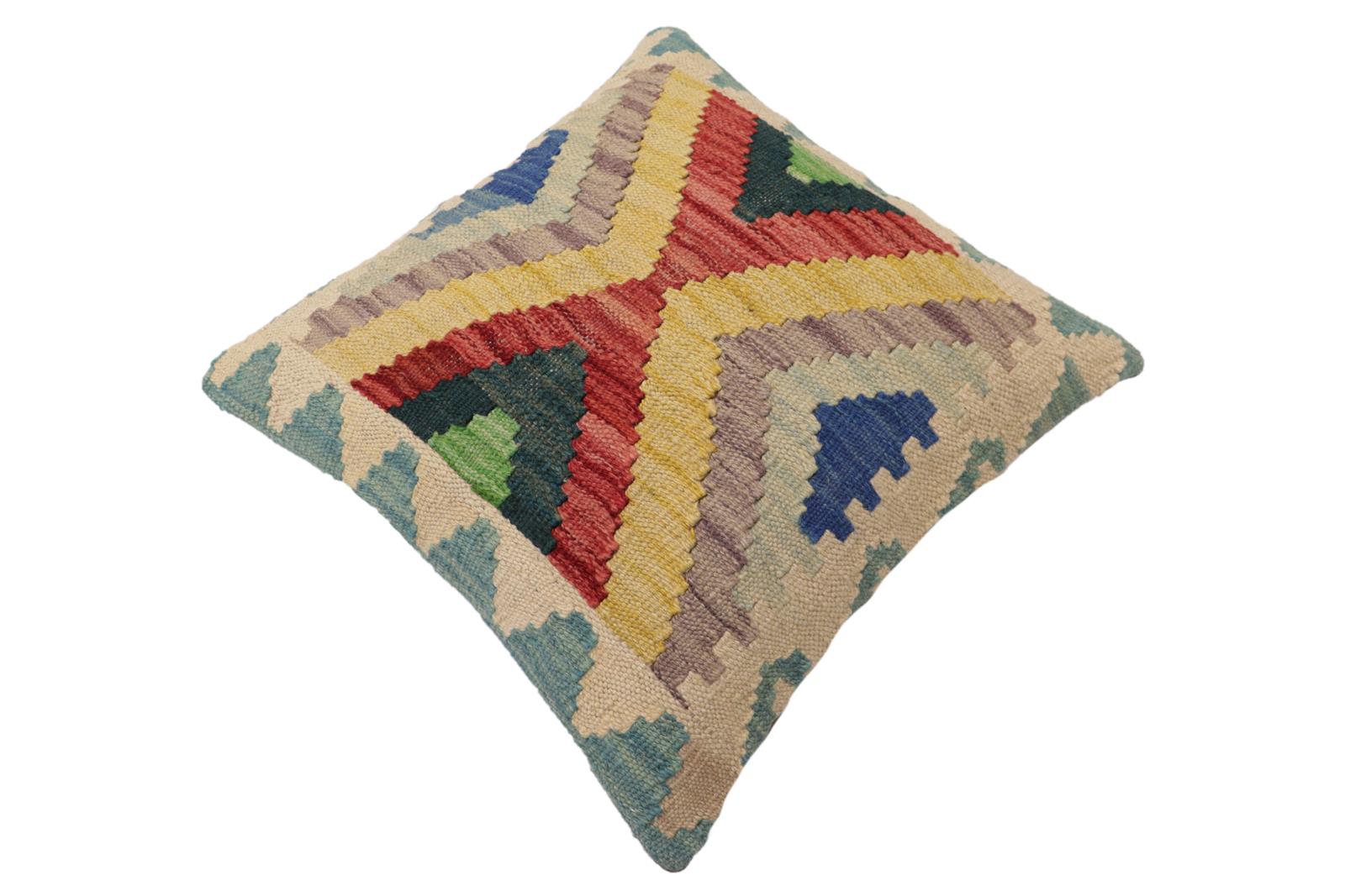 handmade Traditional Pillow Blue Beige Hand-Woven SQUARE 100% WOOL Hand woven turkish pillow2' x 2'