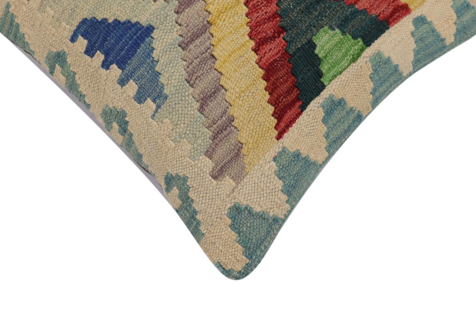 handmade Traditional Pillow Blue Beige Hand-Woven SQUARE 100% WOOL Hand woven turkish pillow2' x 2'