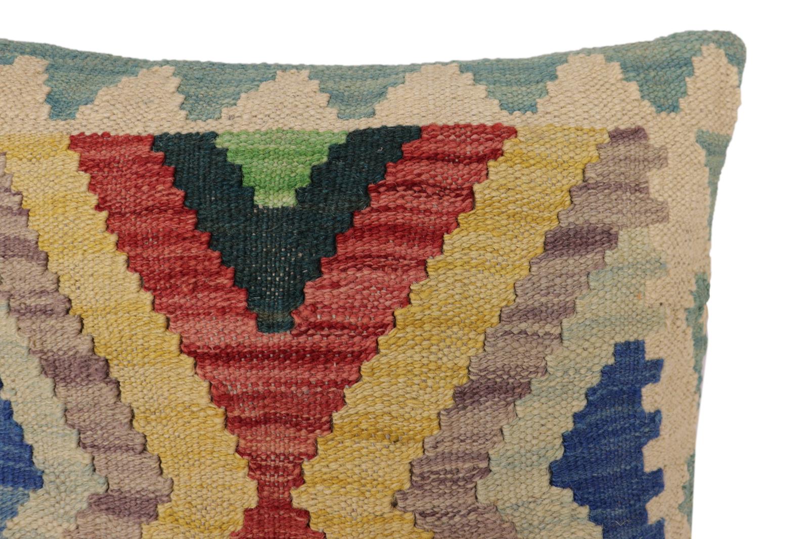 handmade Traditional Pillow Blue Beige Hand-Woven SQUARE 100% WOOL Hand woven turkish pillow2' x 2'