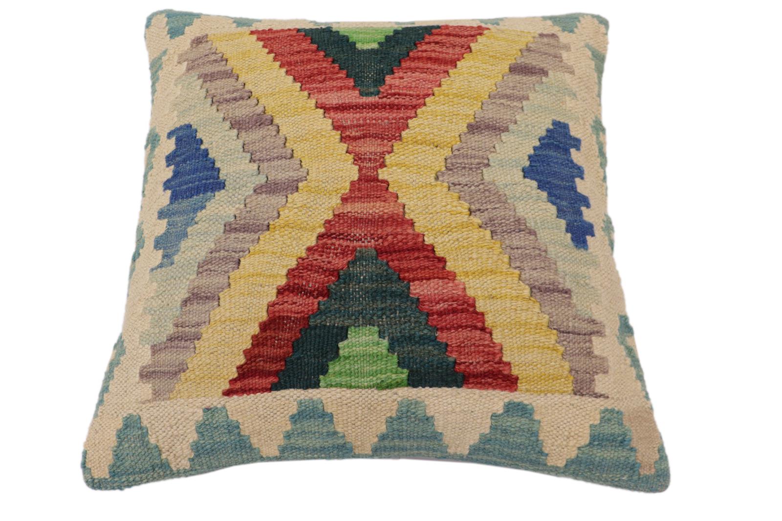 handmade Traditional Pillow Blue Beige Hand-Woven SQUARE 100% WOOL Hand woven turkish pillow2' x 2'