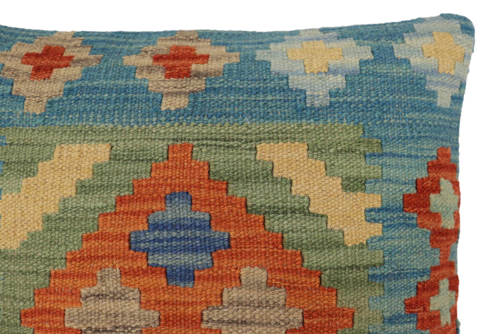 handmade Traditional Pillow Blue Rust Hand-Woven SQUARE 100% WOOL Hand woven turkish pillow2' x 2'