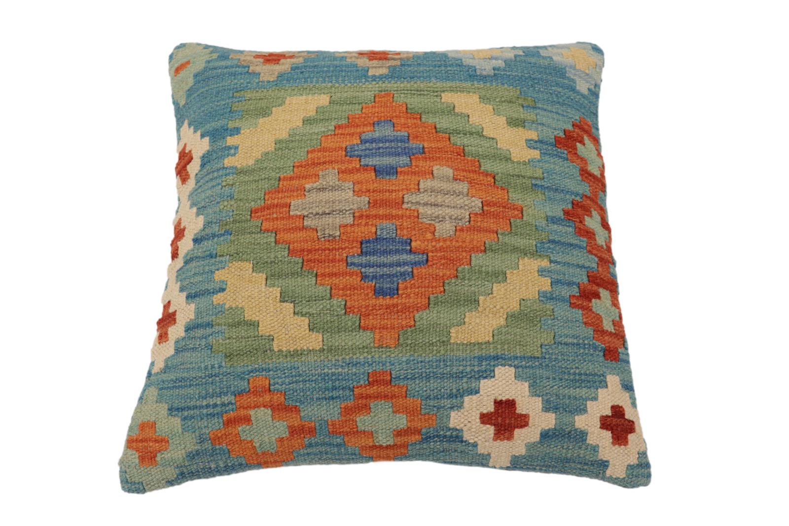 handmade Traditional Pillow Blue Rust Hand-Woven SQUARE 100% WOOL Hand woven turkish pillow2' x 2'