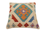 handmade Traditional Pillow Beige Blue Hand-Woven SQUARE 100% WOOL Hand woven turkish pillow2' x 2'