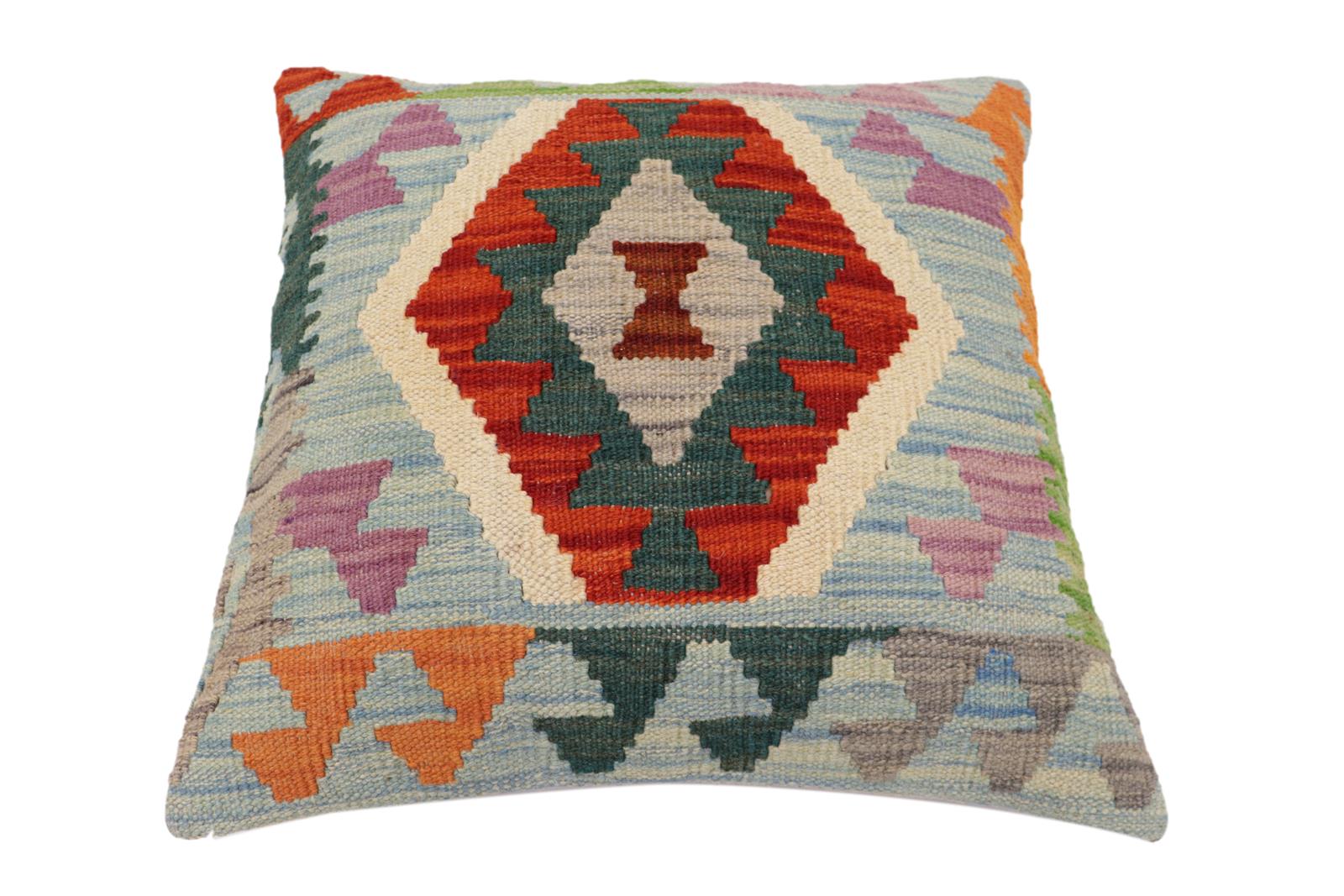 handmade Traditional Pillow Blue Rust Hand-Woven SQUARE 100% WOOL Hand woven turkish pillow2' x 2'