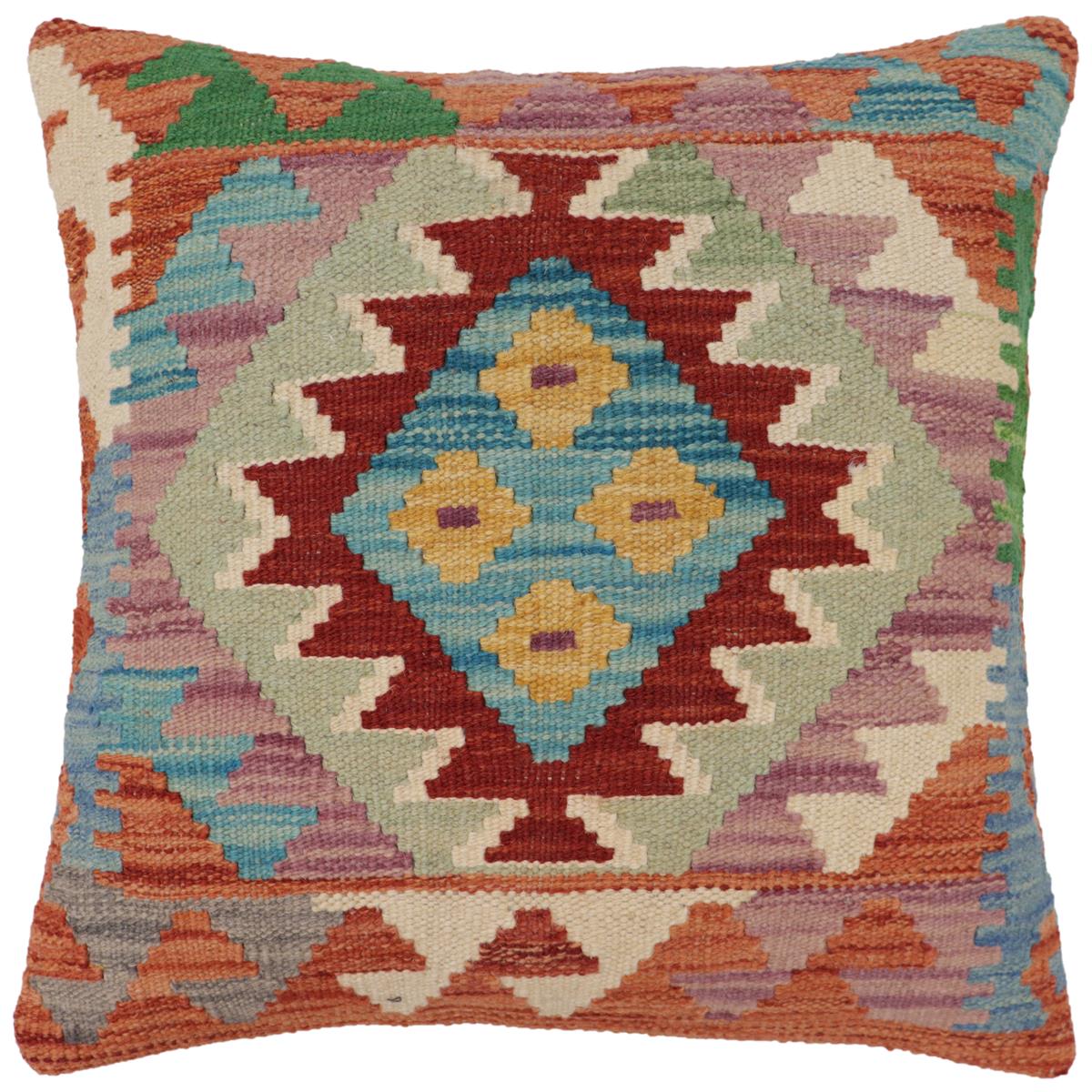 handmade Traditional Pillow Rust Blue Hand-Woven SQUARE 100% WOOL Hand woven turkish pillow2' x 2'