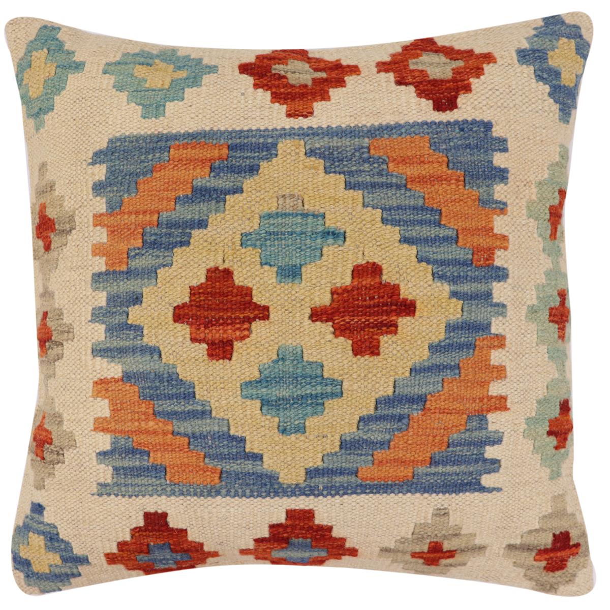 handmade Traditional Pillow Blue Beige Hand-Woven SQUARE 100% WOOL Hand woven turkish pillow2' x 2'