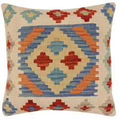 handmade Traditional Pillow Blue Beige Hand-Woven SQUARE 100% WOOL Hand woven turkish pillow2' x 2'