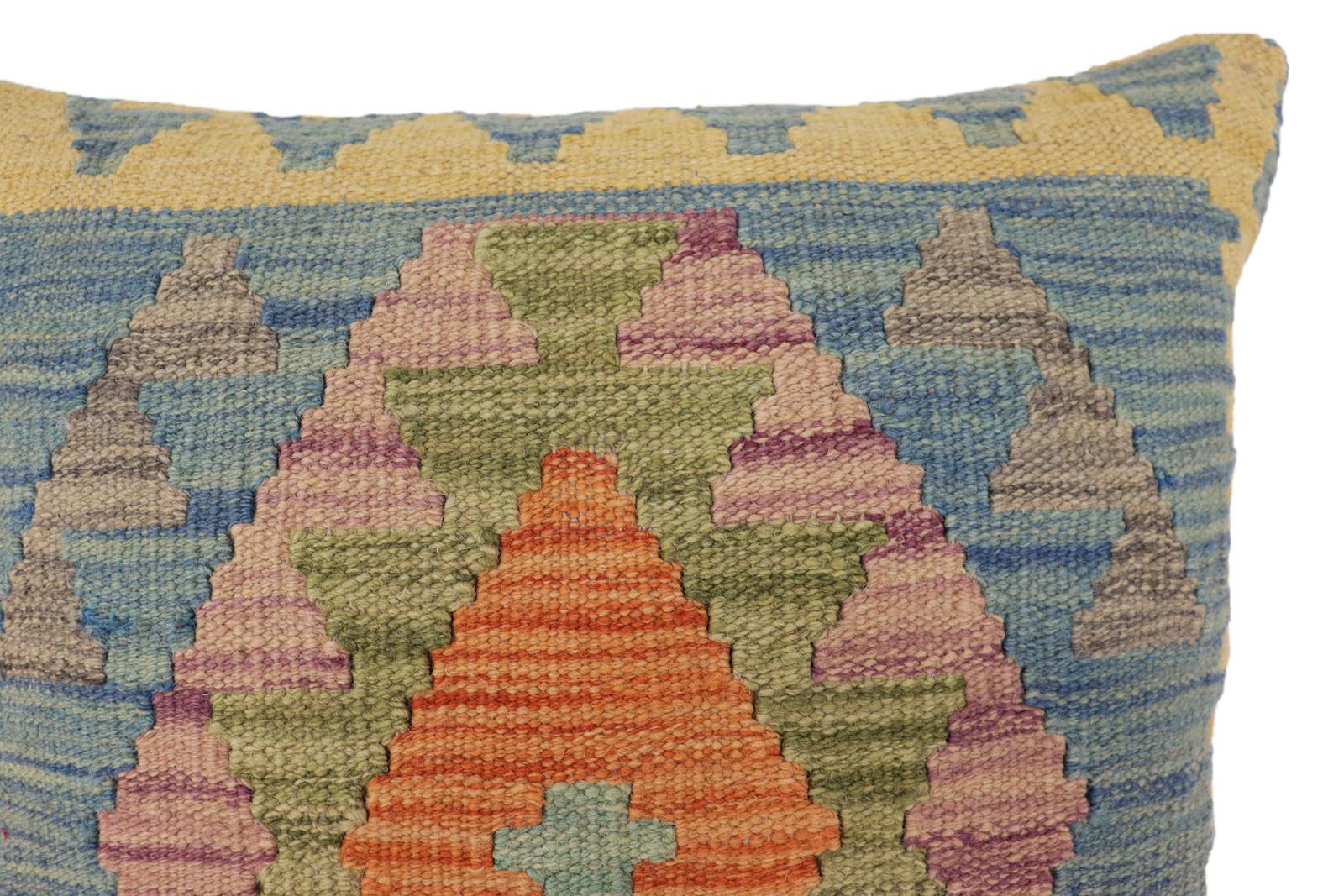 handmade Traditional Pillow Blue Gray Hand-Woven SQUARE 100% WOOL Hand woven turkish pillow2' x 2'