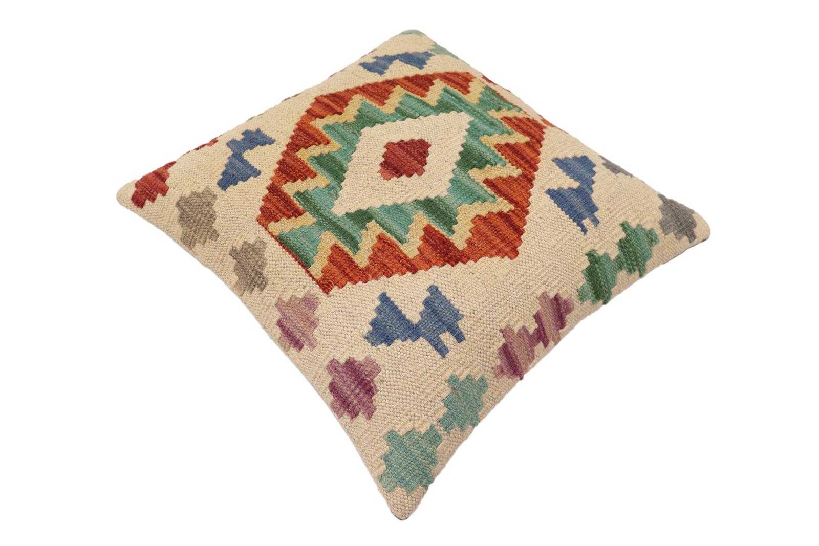 handmade Traditional Pillow Beige Rust Hand-Woven SQUARE 100% WOOL  Hand woven turkish pillow  2 x 2
